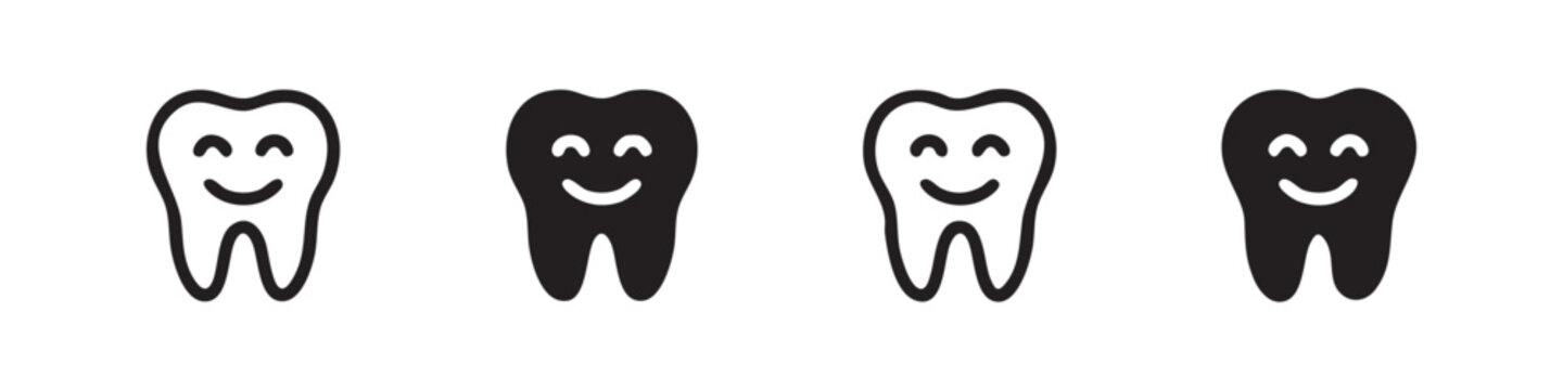 Happy smiling tooth icons for pediatric dentistry and oral health