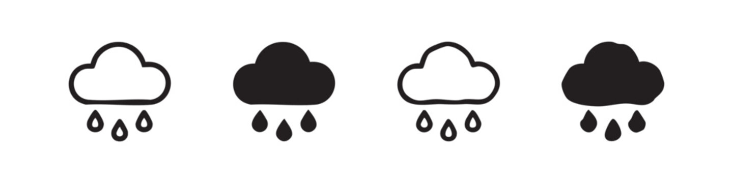 Rain cloud and water drops icon set. Weather, forecast, and climate symbols for meteorology.