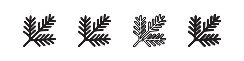 Fototapeta premium Pine branch conifer icon set, evergreen tree foliage symbols in outline, solid, and hand-drawn doodle styles for nature