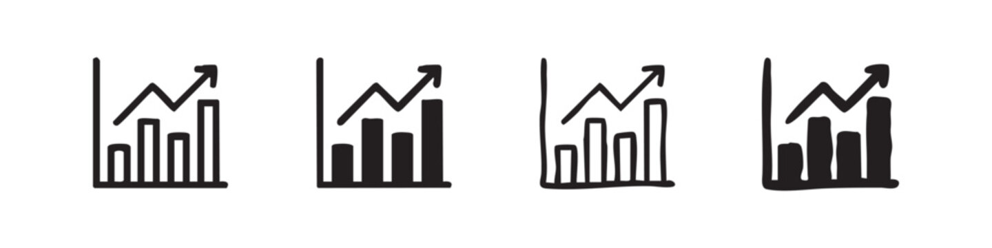Financial growth bar chart icon set, business success graph symbols in outline, solid, and hand-drawn doodle styles