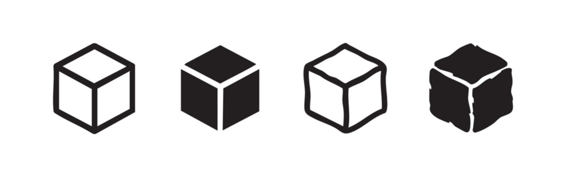 3D cube block icon set, geometric square symbols in outline, solid, and hand-drawn doodle styles for design and logic
