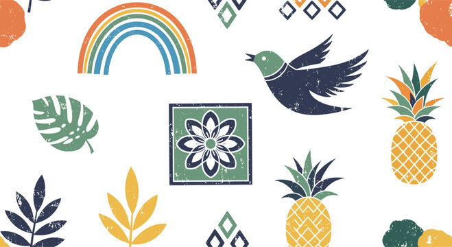 Seamless whimsical pattern with colorful icons of rainbows tropical birds pineapples and flowers on white.