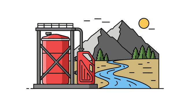 Fuel storage tanks by a serene mountain stream.