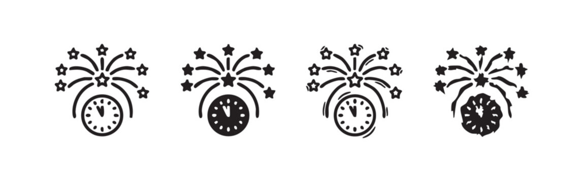 New Year Midnight Clock with Fireworks Celebration Icon