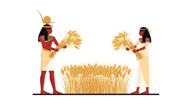 Two ancient Egyptian farm workers harvest golden wheat in a field using traditional tools as depicted in historical artistic styles.