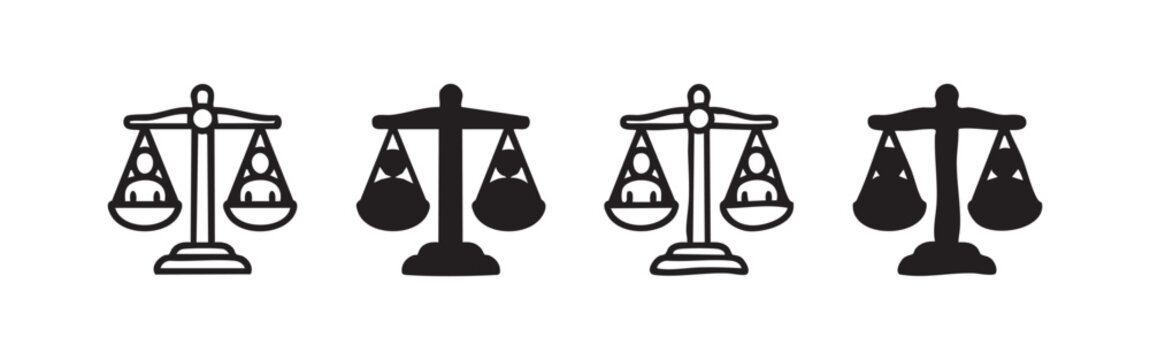 Set of equality scales icons. Justice and balance symbol with people in flat and hand drawn style.