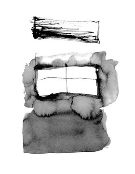 Monochrome sumi ink drawing on paper of an abstract window-like form, using brush and bamboo pen, vertical format