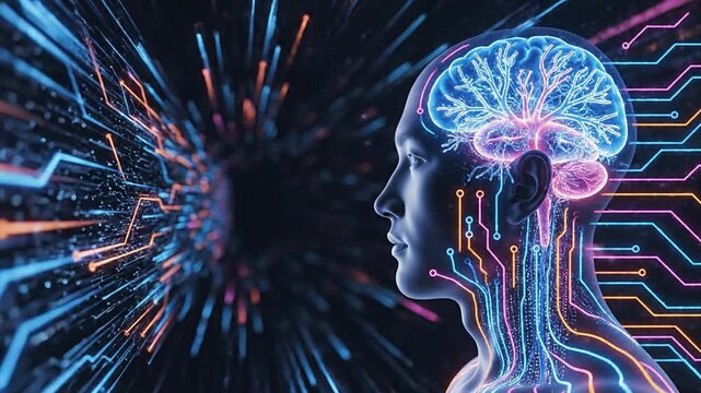 Concept of artificial intelligence, machine learning, and deep learning represented by a human brain connected to a digital neural network. Advanced cognitive computing for future technology and data.