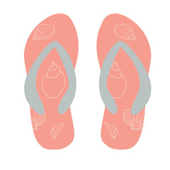 Fototapeta premium Coral flip flops with seashell pattern, summer beach footwear with grey straps