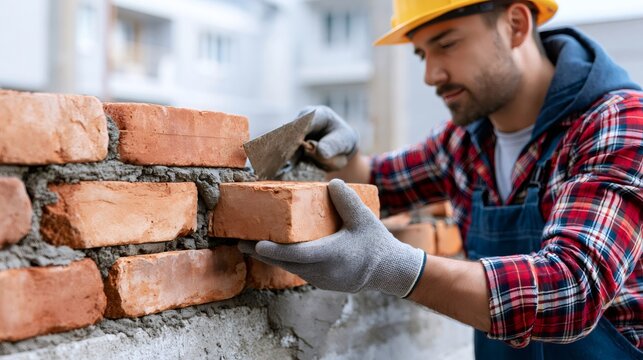 Construction worker laying bricks building a new wall