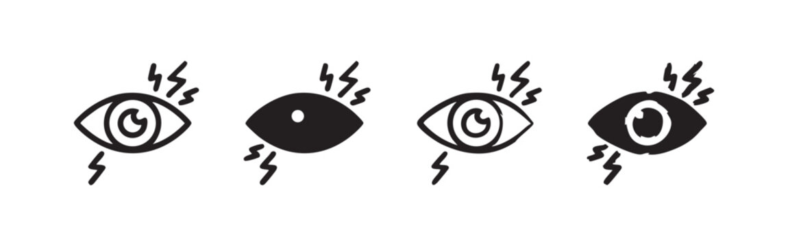 Eye pain or eye strain icon set with lightning bolts in various artistic styles