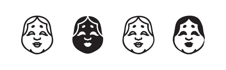 Obraz premium Set of four Kitsune mask icons: outline, solid, sketch, and distressed