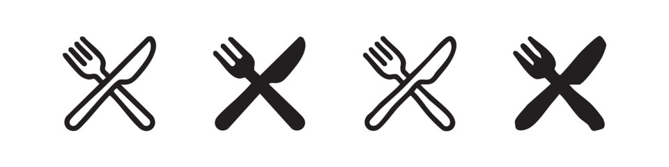 Obraz premium Set of four crossed knife and fork icons: outline, solid, sketch, and distressed