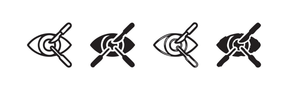 Set of four eye examination icons with tools: outline, solid, sketch, and distressed