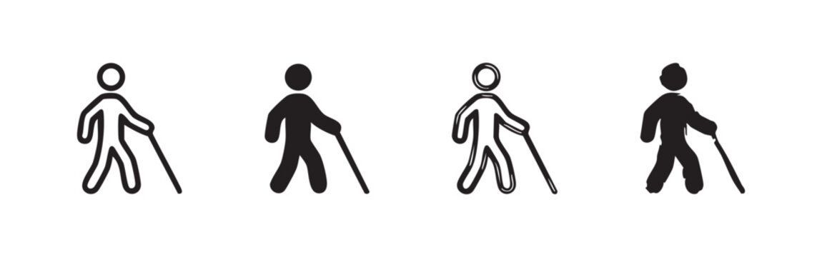 Set of four walking cane icons: outline, solid, sketch, and distressed