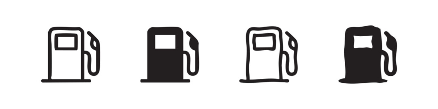 Set of four gas pump icons: outline, solid, sketch, and distressed