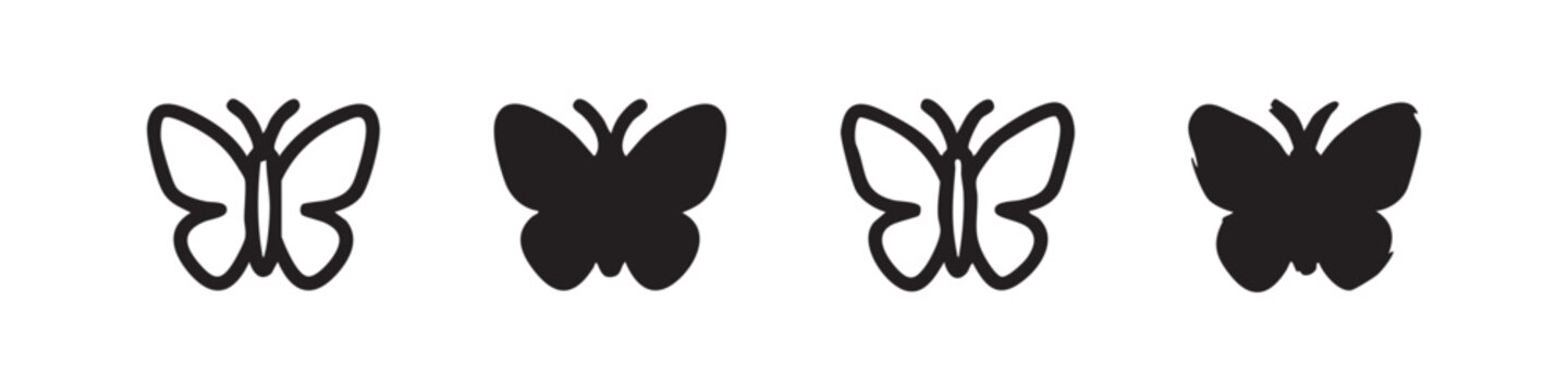Set of four butterfly icons: outline, solid, sketch, and distressed