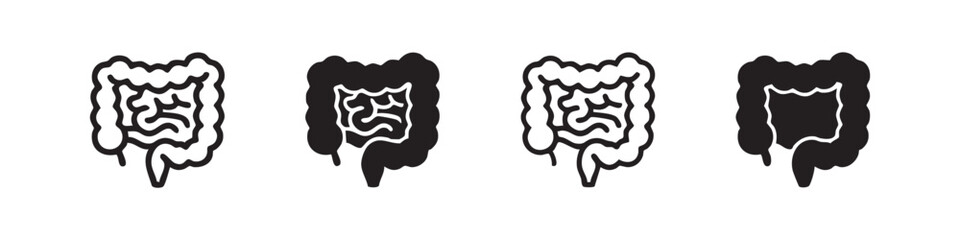 Human large and small intestine organ icon set in various styles, representing digestion and internal anatomy. © liubomir118809