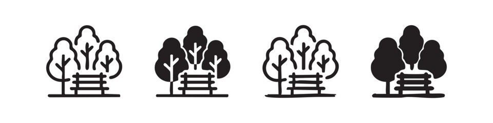 Park landscape icon set with trees and a bench in different styles, representing nature and relaxation. © liubomir118809