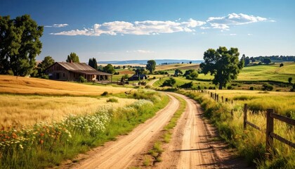 Obraz premium Scenic Countryside Dirt Road Leading to Farm Buildings Under a Blue Sky.
