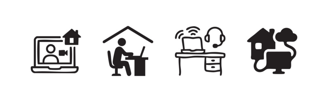 Work from home and remote work icon set in various styles, representing modern flexible employment.