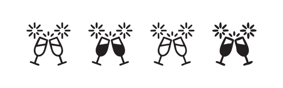 Cheers and celebration icon set with champagne glasses toasting and sparkles, representing events and success.