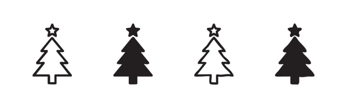 Christmas tree with star icon set in various styles, representing holiday, winter, and festive season.