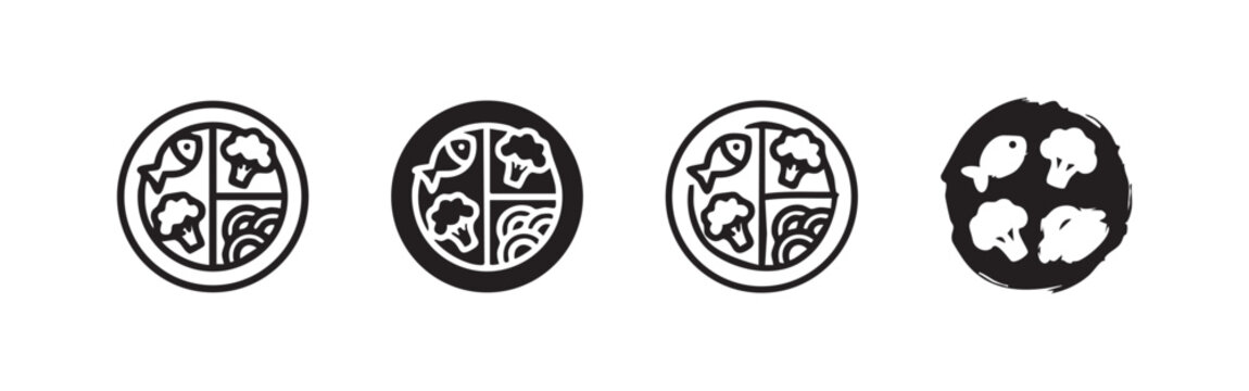 Icons of a balanced meal on a plate, symbolizing nutrition and healthy eating