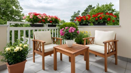 Obraz premium Balcony decorated with colorful blooming flowers and outdoor furniture
