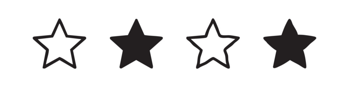 Hand drawn star icon set. Rating, favorite, and quality symbols in doodle style.