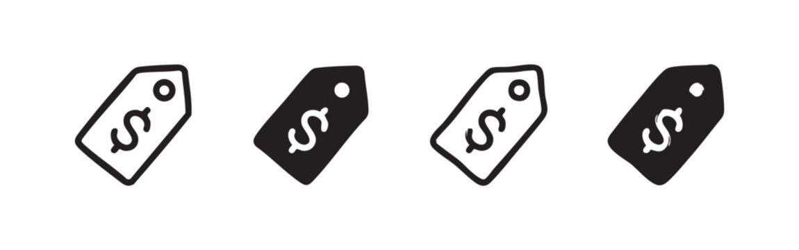 Hand drawn price tag with dollar sign icon set. Sale, discount, and cost symbols in doodle style.