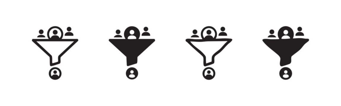 Hand drawn sales funnel with people icon set. Lead generation and customer conversion symbols in doodle style.