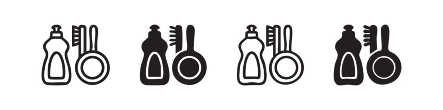 Hand drawn dishwashing supplies icon set. Dish soap, brush, and sponge for kitchen cleaning in doodle style.