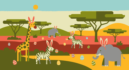 Colorful illustration of safari animals playing. © pyoo