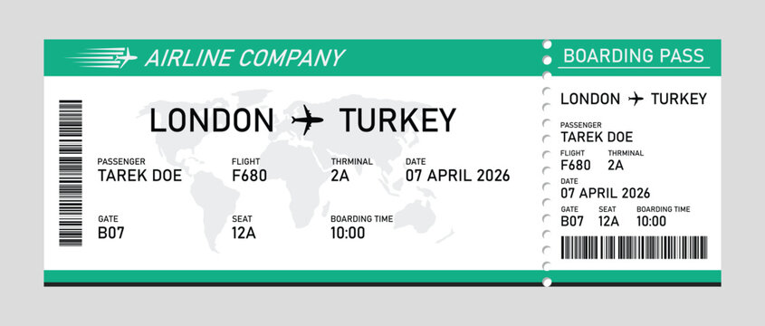 Modern airline boarding pass for london to turkey flight, turquoise and white flight ticket