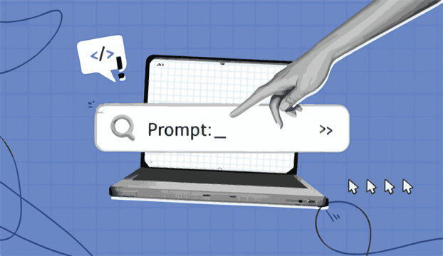 Hand typing into laptop search bar with code icon prompt