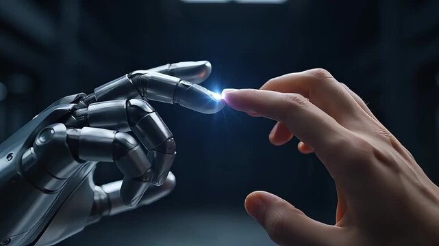 Human hand touches futuristic robot hand with glowing blue light, symbolizing connection in a dark, high-tech future.
