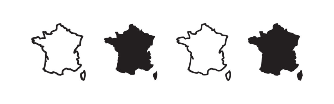 France map icon set. Outline and solid shape of the French country borders. Geographic vector symbol.