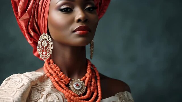 Gorgeous african woman in traditional bridal attire, including a vibrant gele and coral beads, posing gracefully and smiling warmly during a studio photoshoot against a dark, textured background