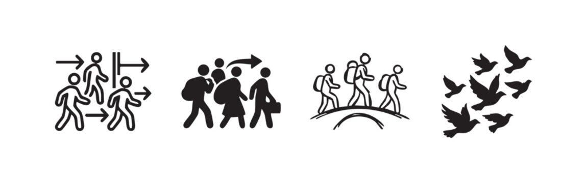 Migration and movement icon set. Symbols of people relocating, traveling, and journeying.