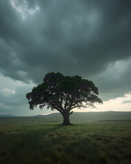 Obraz premium Solitary Oak Tree in Vast Green Meadow Under Dramatic Stormy Skies