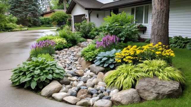 Landscaping a home garden with dry creek bed and flowering plants