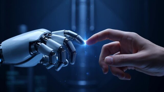 Close-up of a human hand and robotic hand connecting with a glowing blue light, depicting a futuristic ai concept in a dark digital space.