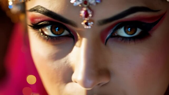 Extreme close up of an indian woman's brown eyes with dramatic makeup and traditional jewelry. The model wears a maang tikka and a bindi, showcasing Hindu cultural and religious fashion