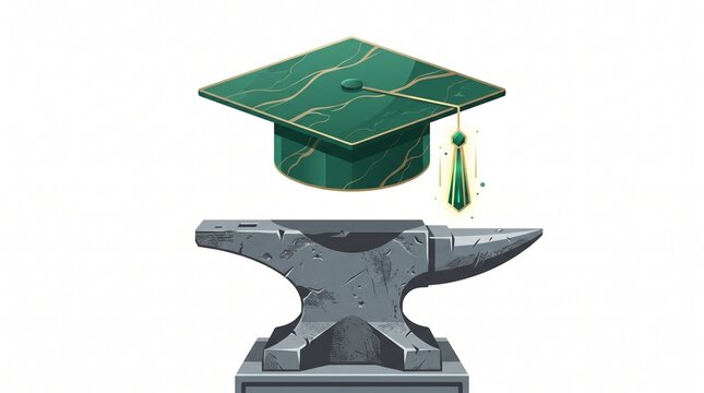 Education and hard work concept, a green graduation cap floating above a sturdy metal anvil, symbolizing academic achievement through diligent effort and vocational training.