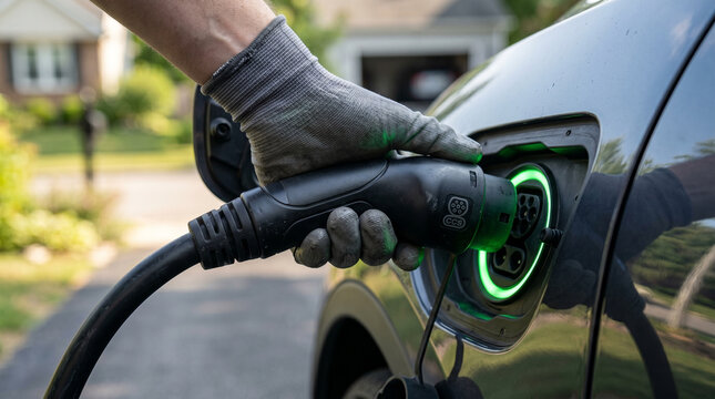 Gloved Hand Plugging Charging Cable into Electric Vehicle EV with Glowing Green Port