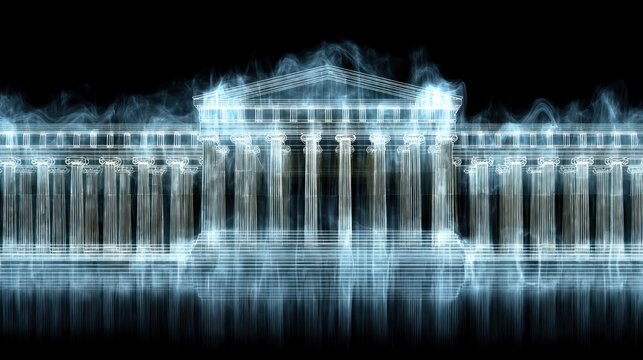 Ethereal architectural rendering of a classical building with smoky effects on black