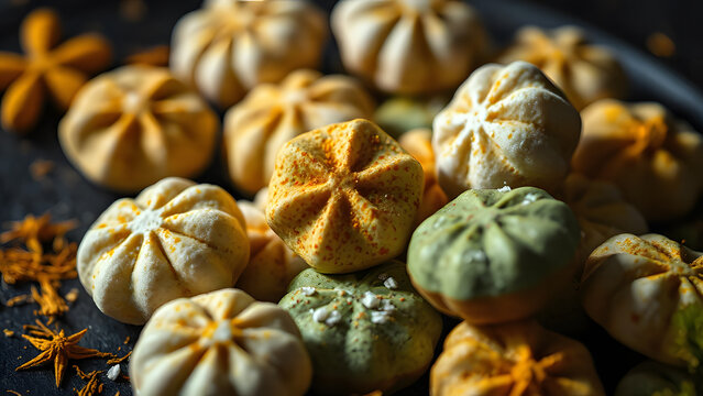 Saffron Spiced Sweets, Artfully Arranged White Green Gourmet Desserts, Exquisite Festive Confectionery Delicacies
