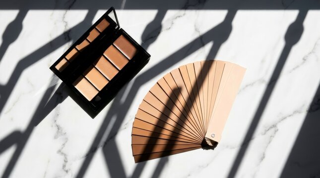 Professional makeup concealer palette with a variety of skin tone shades and a color guide fan on a white marble surface under bright sunlight with geometric window shadows.