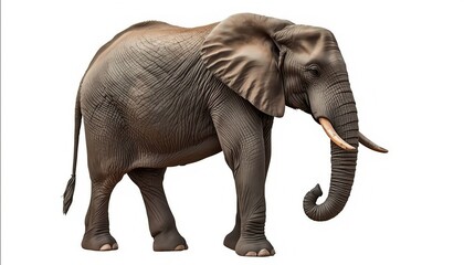 Obraz premium Realistic elephant standing in side view, isolated on white background. Large wild animal with detailed skin texture, representing strength, wisdom, and nature.